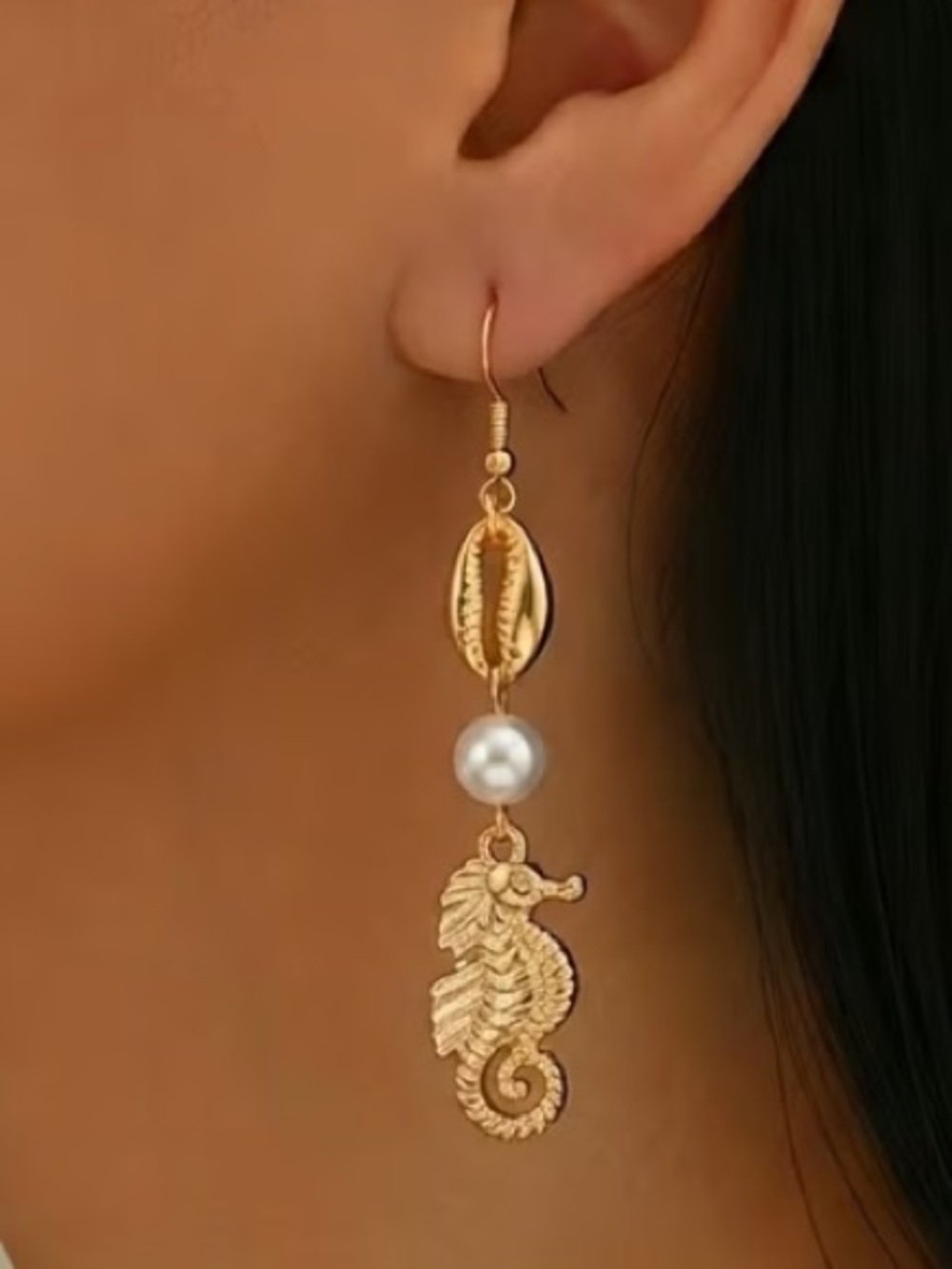 Gold Seahorse Drop Earrings with Pearl Accent - Picture 2 of 6